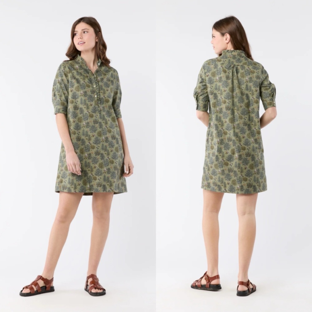 Ann MASHBURN ELBOW-SLEEVE FRILL DRESS - OLIVE/MULTI FOREST Dress Size Large $395